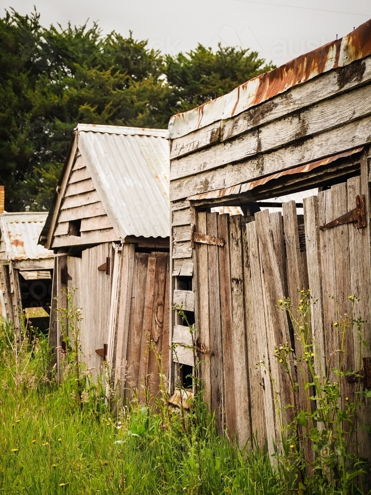 Rustic timber sheds with long grass - Australian Stock Image