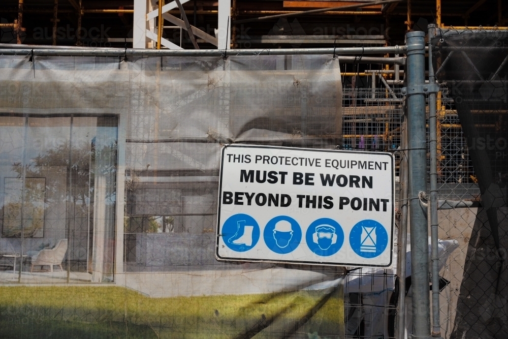 Safety Equipment Signage at a Construction Site - Australian Stock Image