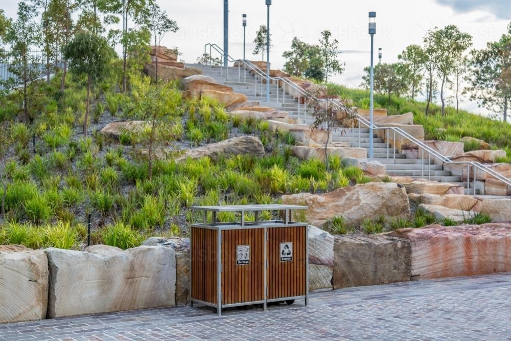 Sandstone stairs, waste bins and gardens at Barangaroo - Australian Stock Image