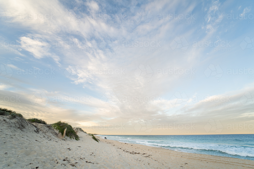 Sandy path leading through coastal dunes to ocean at Scarborough Beach, Perth, Western Australia - Australian Stock Image