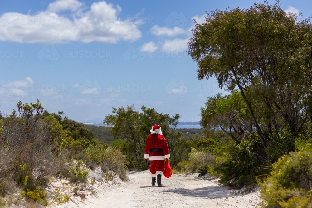 Santa Claus walking away down a sandy coastal track through bushland - Australian Stock Image