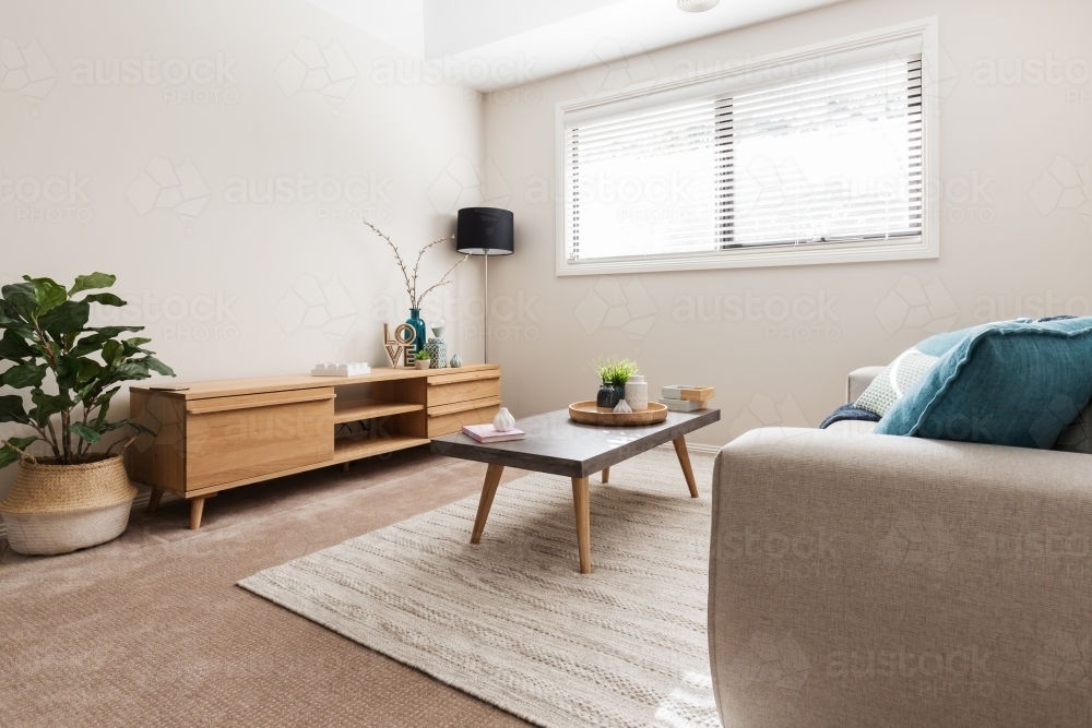 Scandi styled living room with low buffet and indoor plant - Australian Stock Image