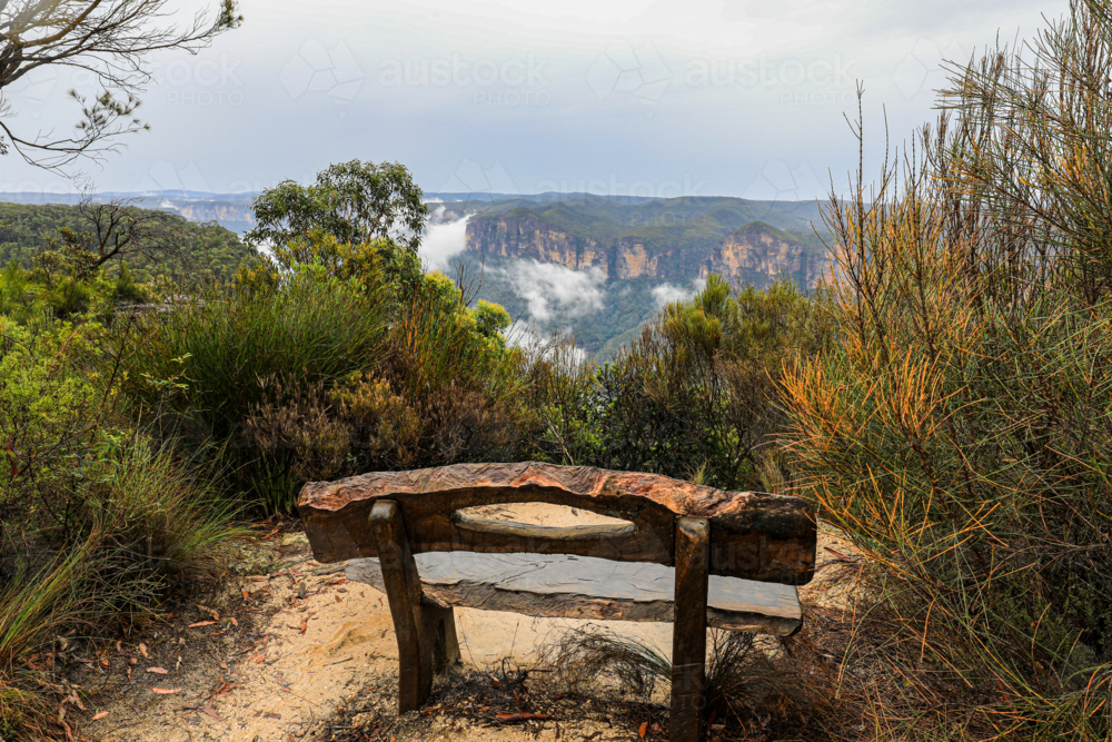 Scenic landscape view from Anvil Hill lookout in the Blue Mountains under an overcast sky with cloud - Australian Stock Image