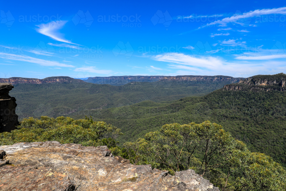 Scenic landscape view of Jamison Valley captured from Sublime Point lookout in the Blue Mountains - Australian Stock Image