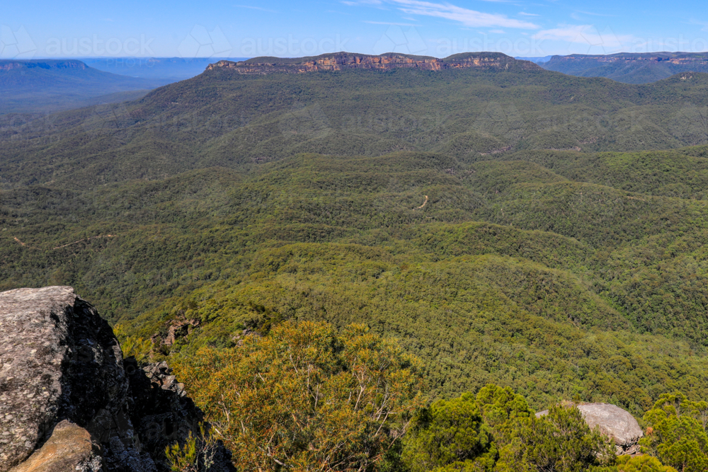 Scenic landscape view of Jamison Valley captured from Sublime Point lookout in the Blue Mountains - Australian Stock Image