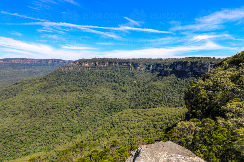 Scenic landscape view of Jamison Valley captured from Sublime Point lookout in the Blue Mountains - Australian Stock Image