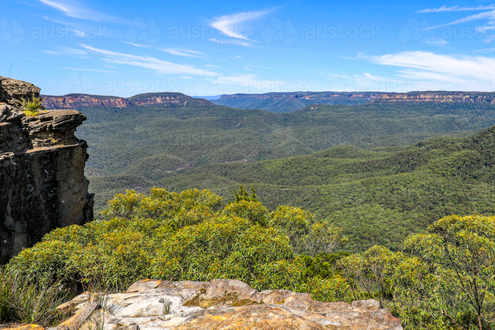 Scenic landscape view of Jamison Valley captured from Sublime Point lookout in the Blue Mountains - Australian Stock Image