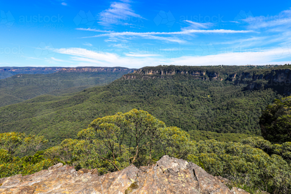 Scenic landscape view of Jamison Valley captured from Sublime Point lookout in the Blue Mountains - Australian Stock Image