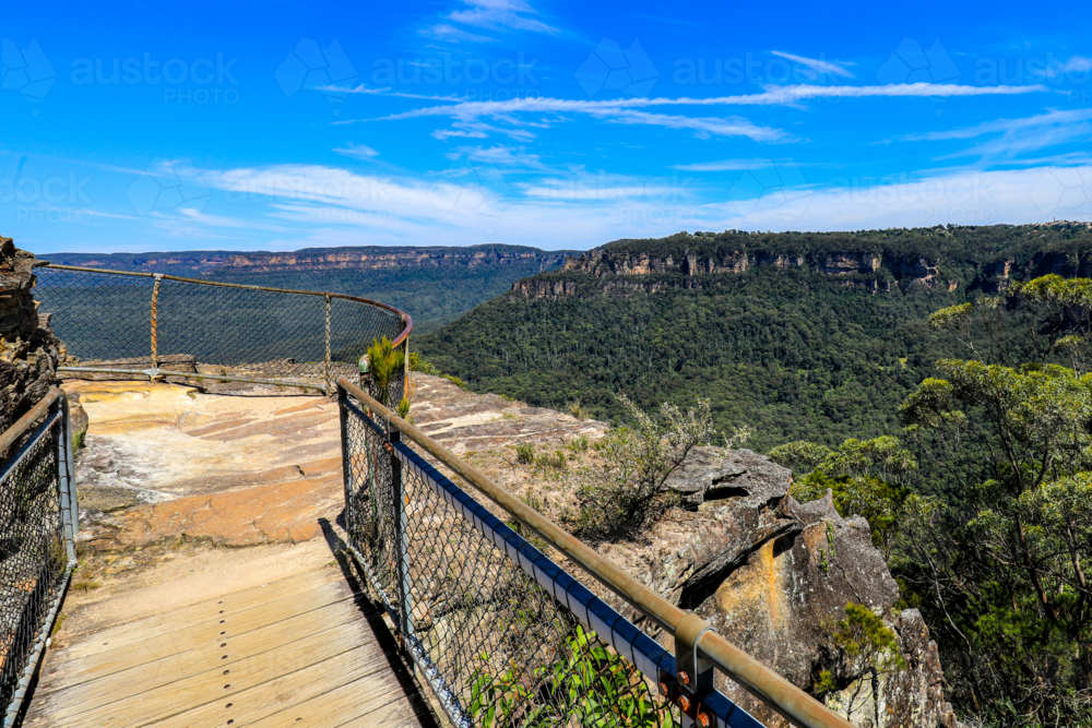 Scenic landscape view of Jamison Valley captured from Sublime Point lookout in the Blue Mountains - Australian Stock Image