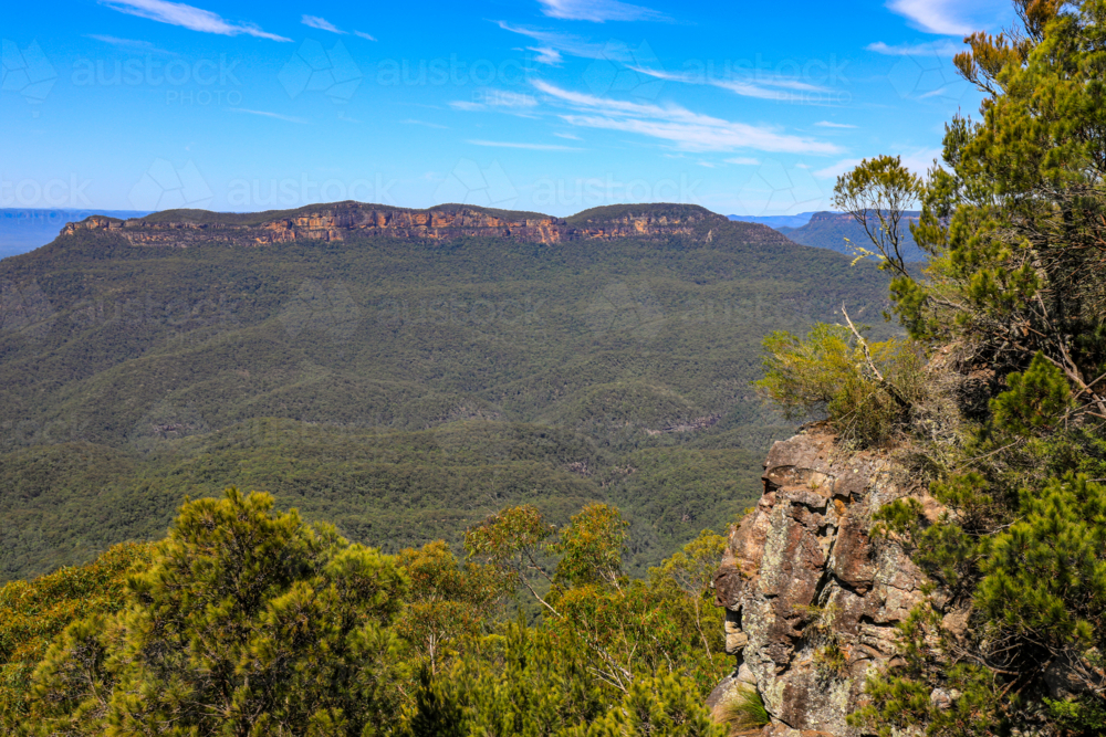 Scenic landscape view of Jamison Valley captured from Sublime Point lookout in the Blue Mountains - Australian Stock Image