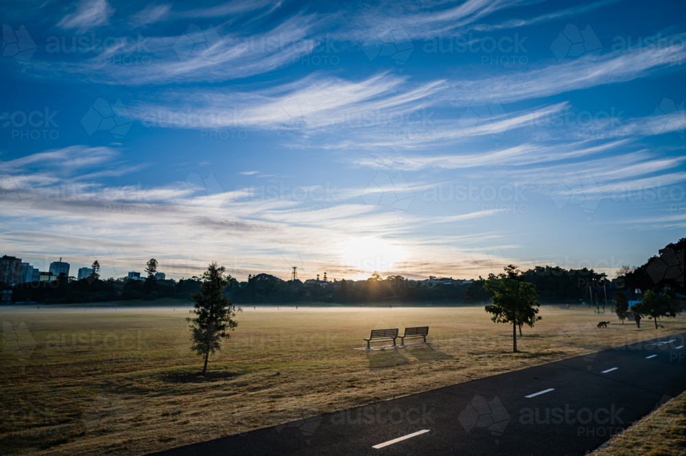 Scenic Park Landscape with Road at Sunrise - Australian Stock Image