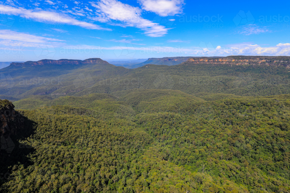 Scenic view from Echo Point in the Blue Mountains overlooking Jamison Valley with expansive forest - Australian Stock Image