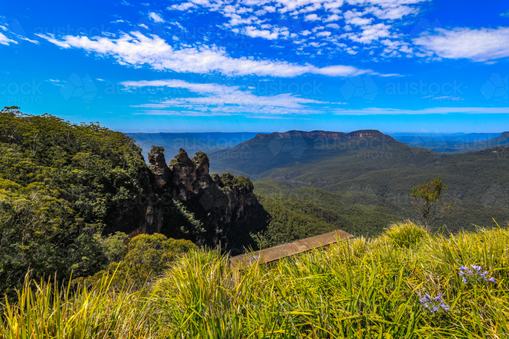 Scenic view from Echo Point in the Blue Mountains overlooking Jamison Valley with forested landscape - Australian Stock Image