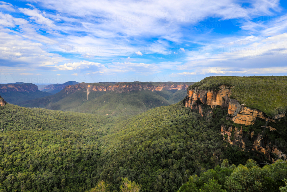 scenic view from Govetts Leap Lookout in the Blue Mountains overlooking Grose Valley - Australian Stock Image