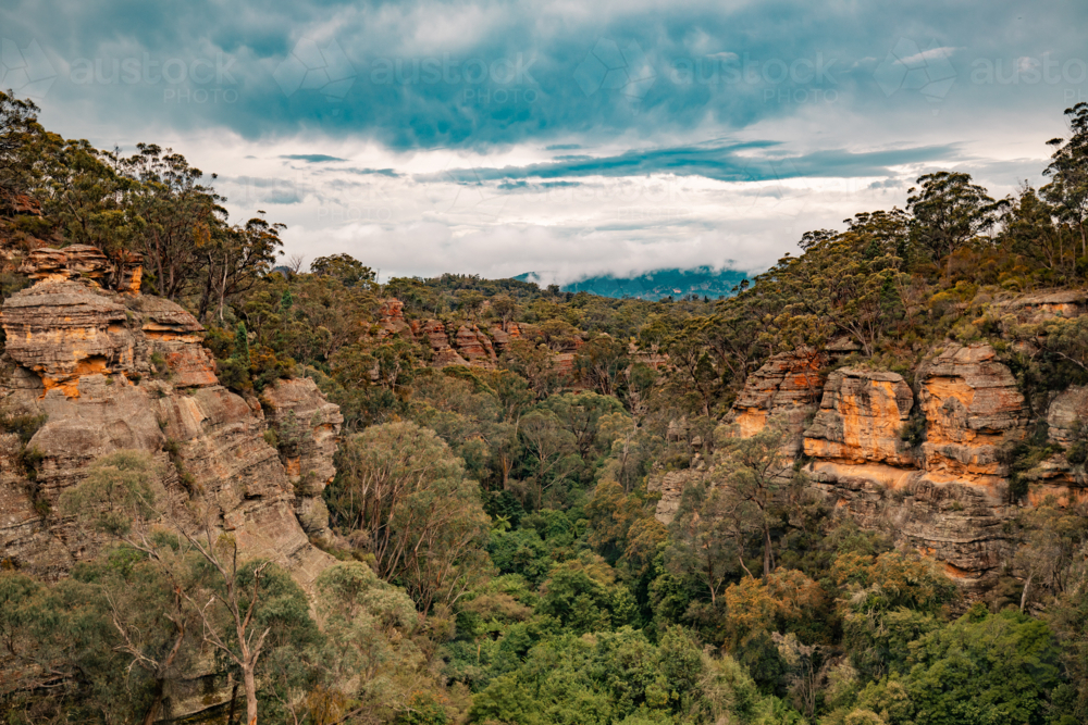 Scenic view from lookout over Fern Gully in the Bylong Valley - Australian Stock Image