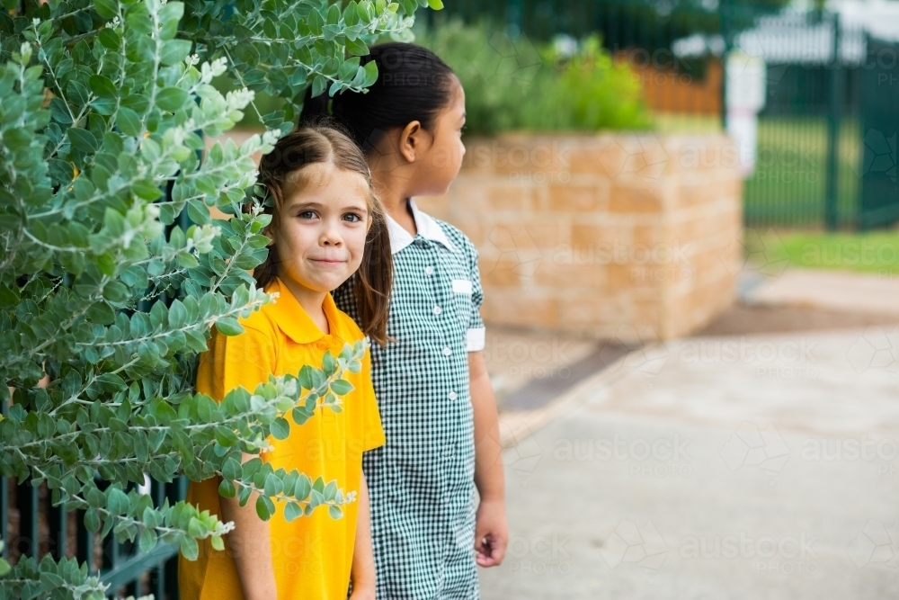 School Aussie girls hiding near fence in bush with copy space - Australian Stock Image
