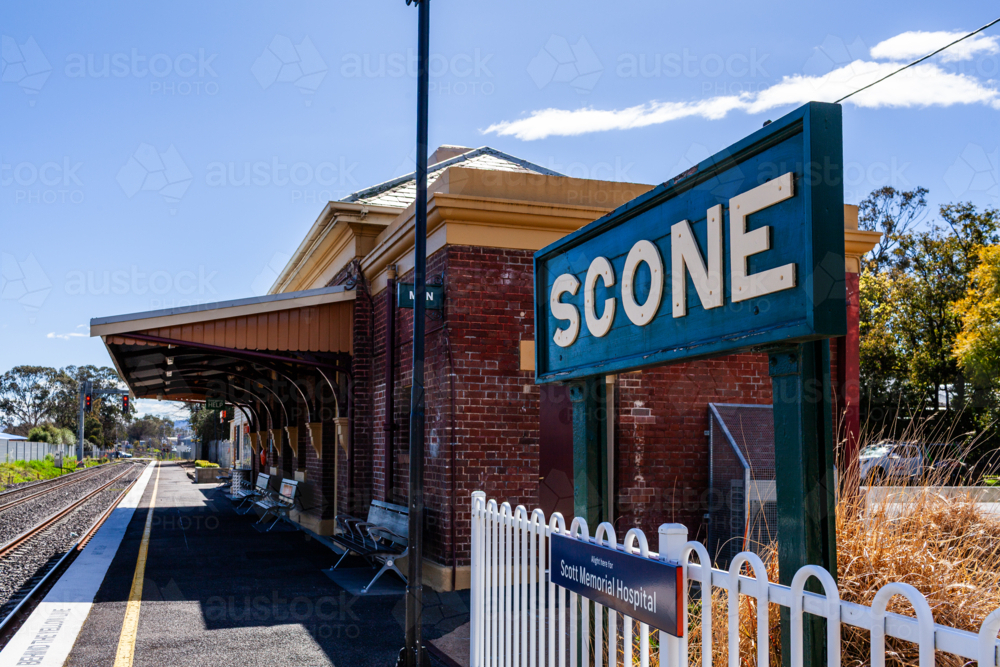 Mini Scone Sign Image of Scone sign at train station platform in country town of scone ...