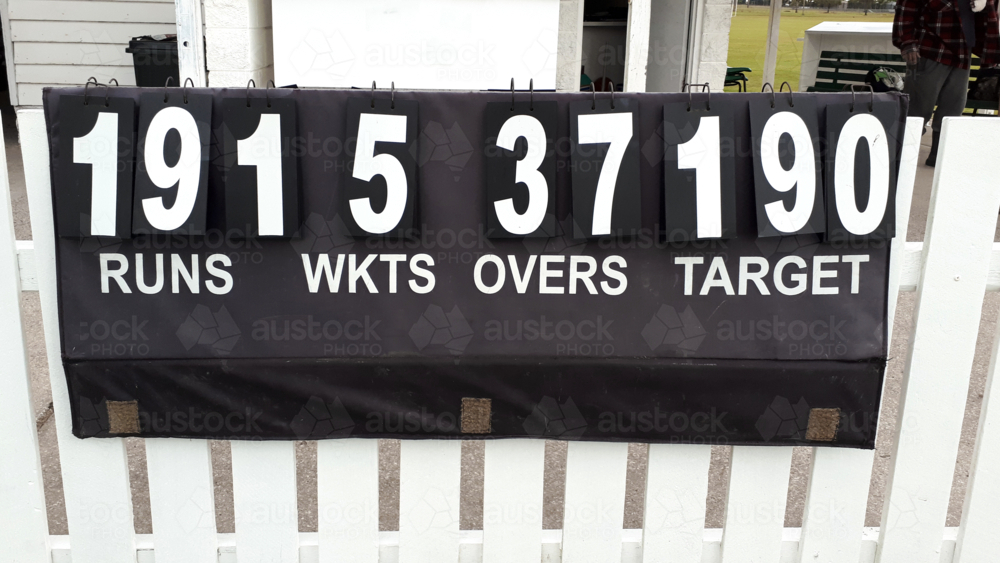 Scoreboard of cricket team runs, wickets, overs and target - Australian Stock Image
