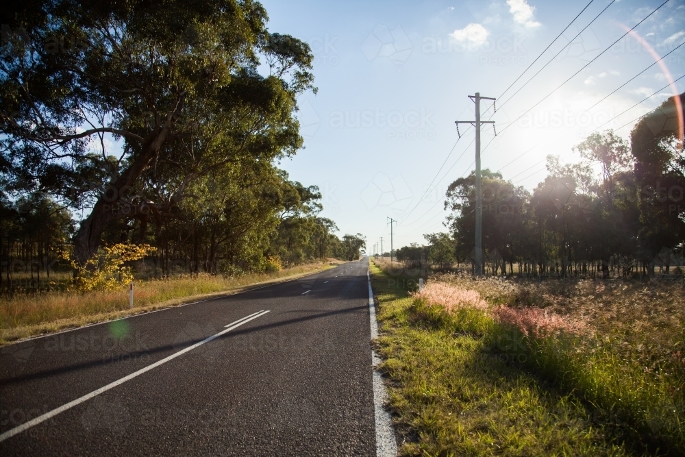 Sealed country road in autumn with sun lens flare - Australian Stock Image