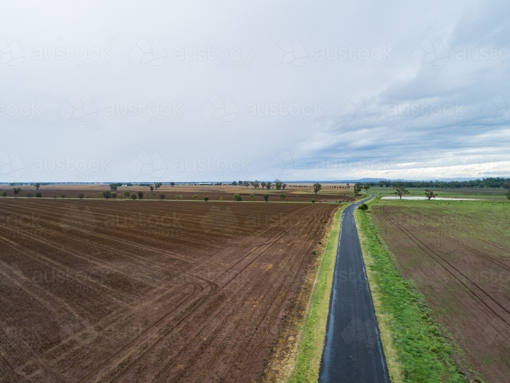 Sealed country road through brown ploughed farmland - Australian Stock Image