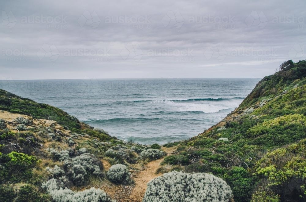 Seascape of scrubs and water along the Great Ocean Road - Australian Stock Image