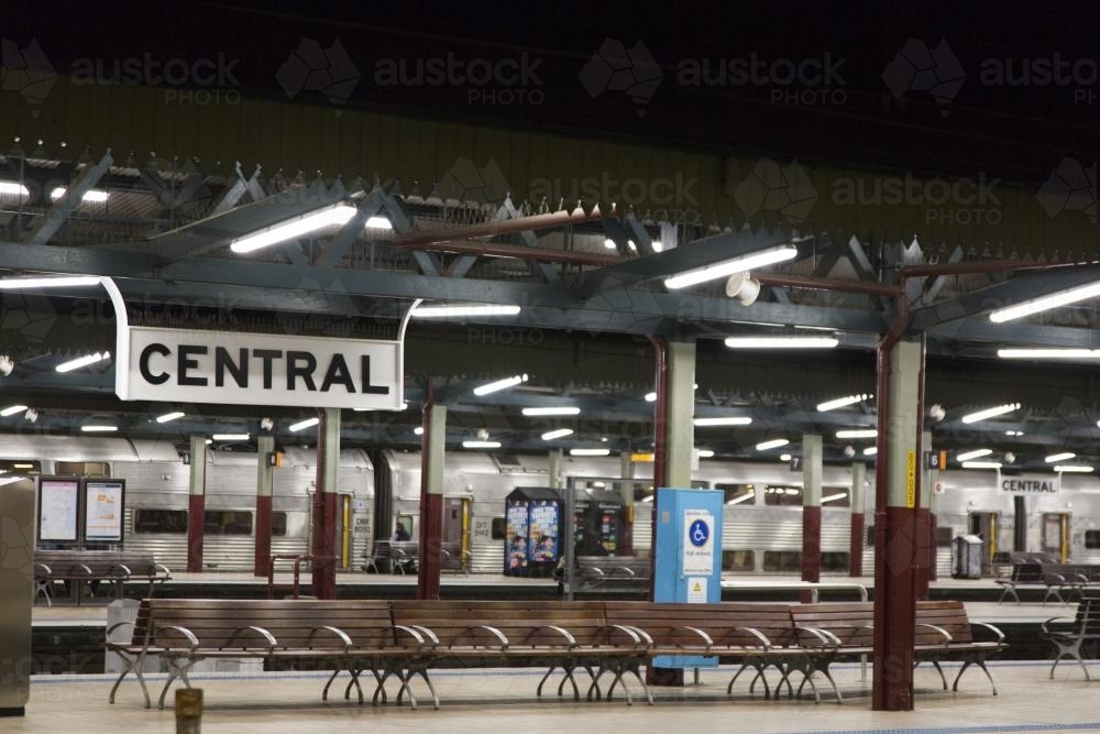 Seating on a platform at night at Central Railway Station, Sydney - Australian Stock Image