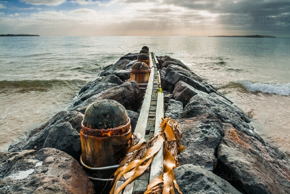 Seaweed draped over a timber and rock groyne jutting out into the sea at sunrise - Australian Stock Image