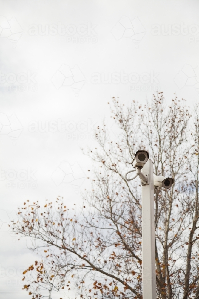 Security speed camera watching cars on overcast day in winter - Australian Stock Image