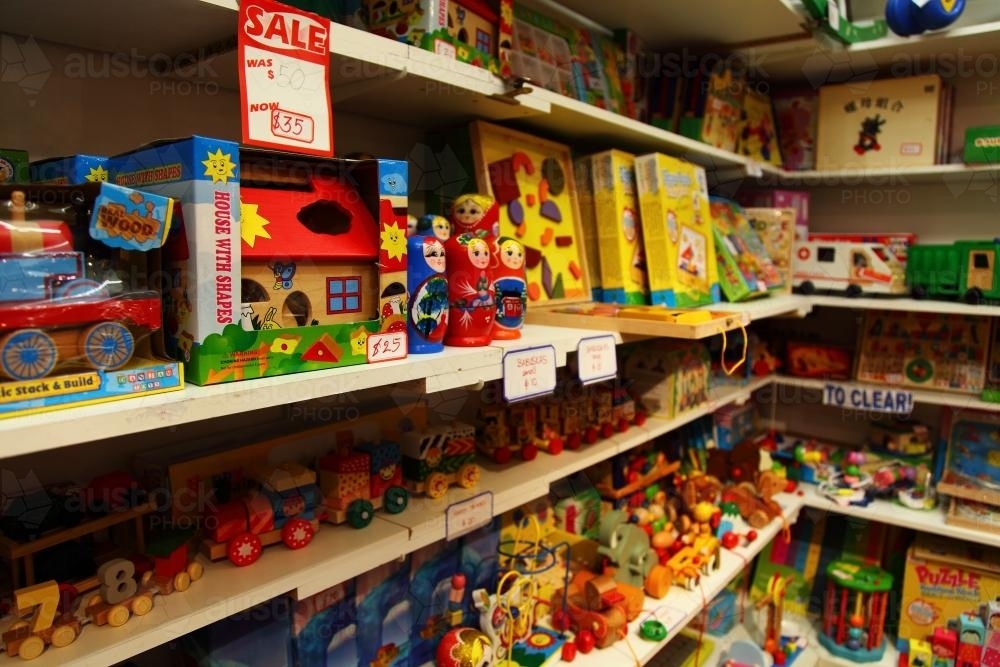 Selection of toys for sale on a shelf - Australian Stock Image