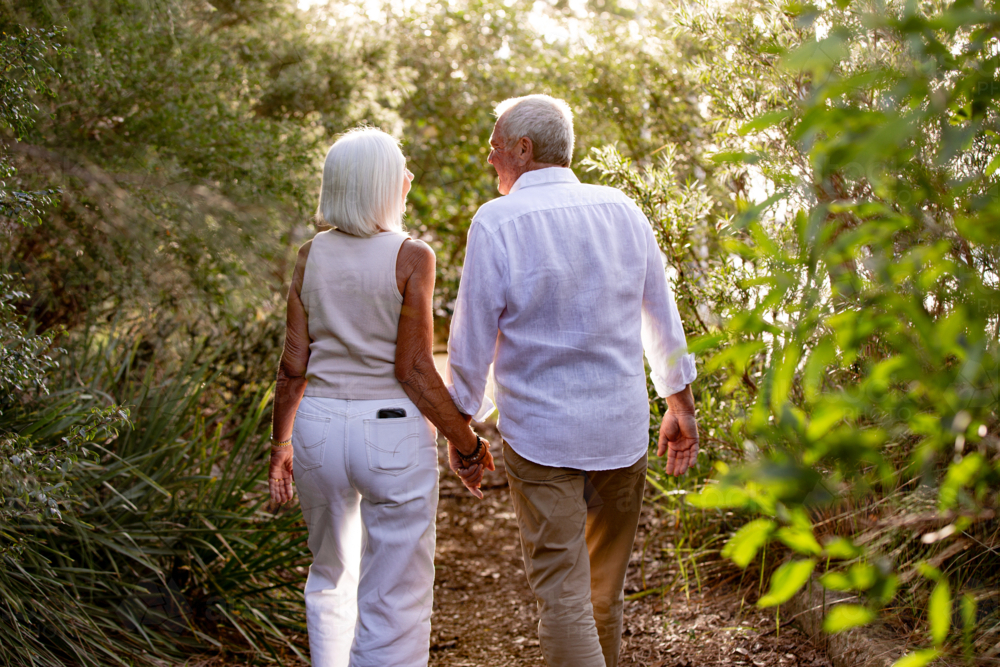 Image of Senior couple holding hands while walking in the forest ...