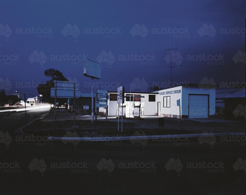 Service Station in Remote Outback Town at Night - Australian Stock Image
