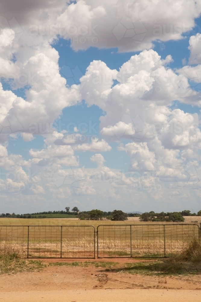 Set of closed double gates with a blue sky and clouds - Australian Stock Image