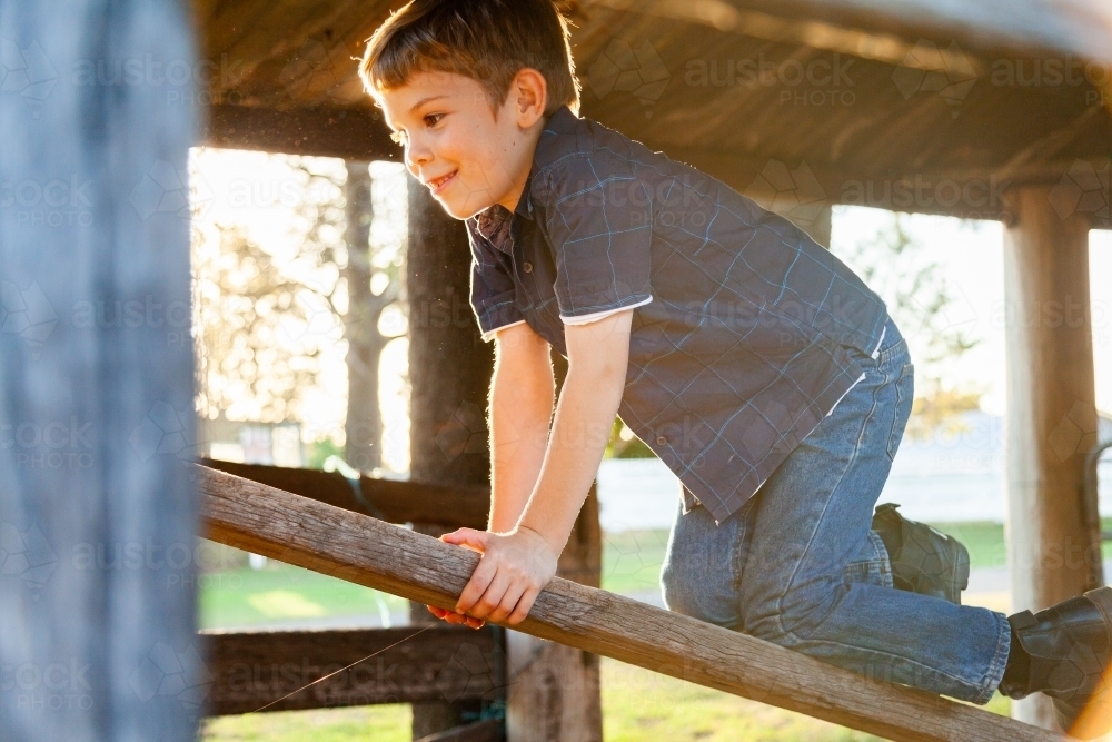 Seven year old boy climbing in shed - Australian Stock Image