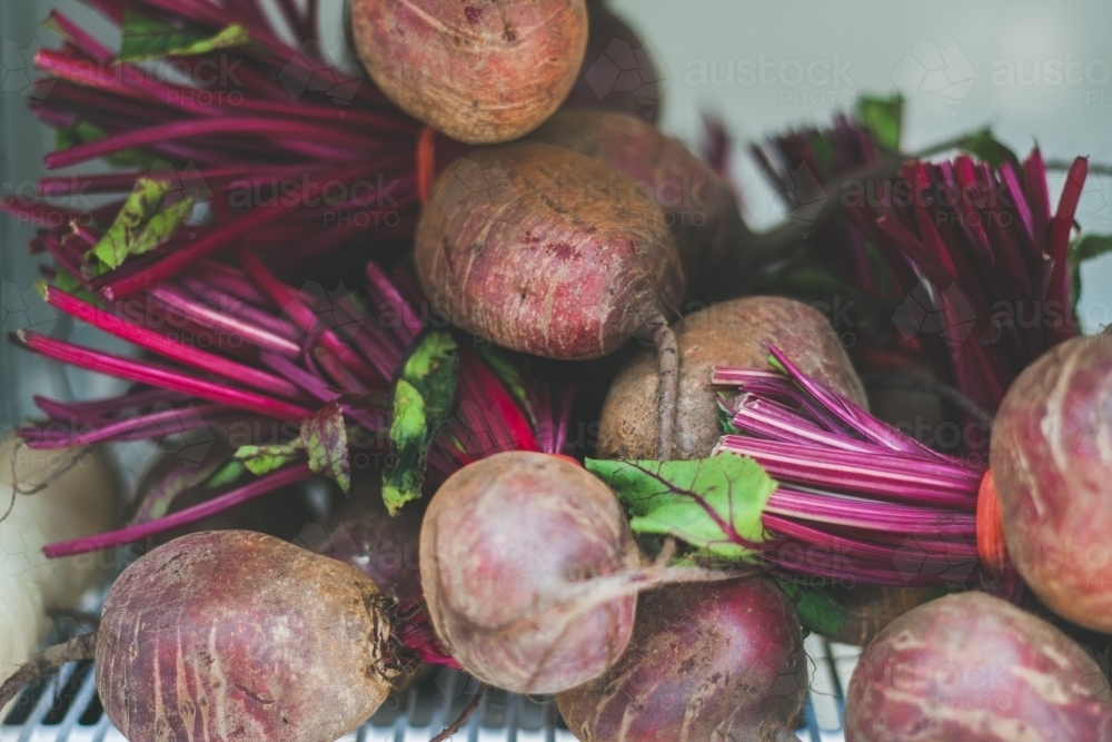 Several beetroot vegetables in a pile in the fridge - Australian Stock Image