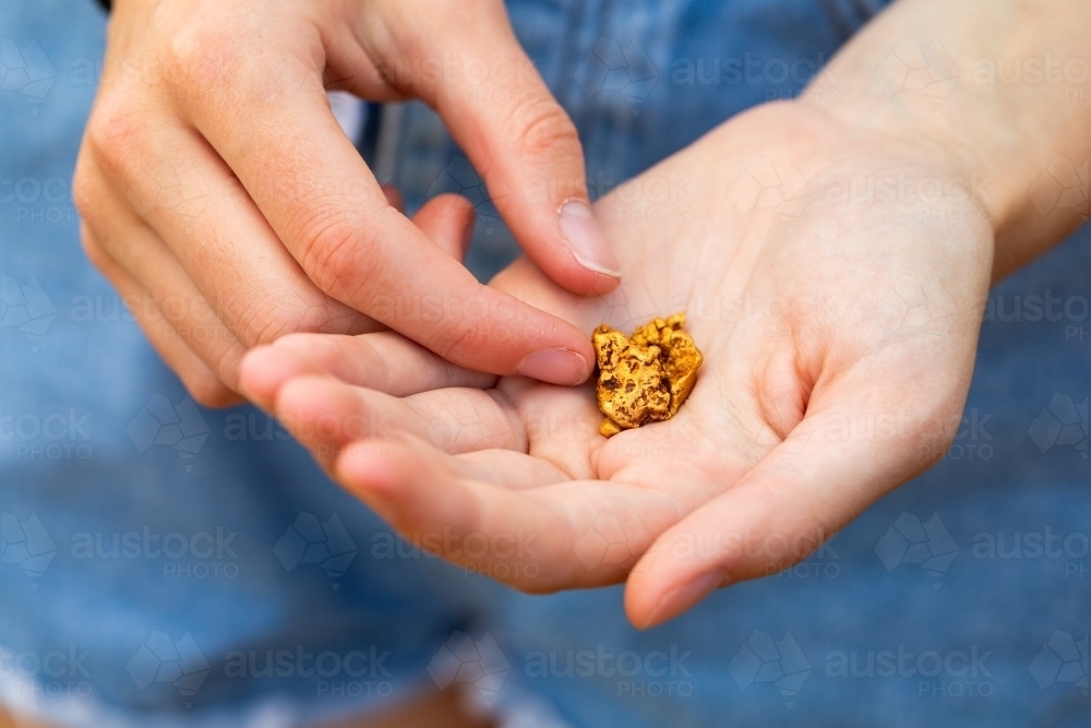 several small gold nuggets held in the hands of a girl - Australian Stock Image