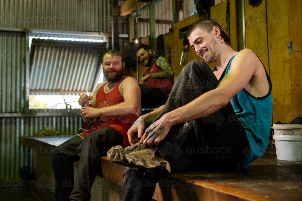 Shearers relax after a day's work - Australian Stock Image