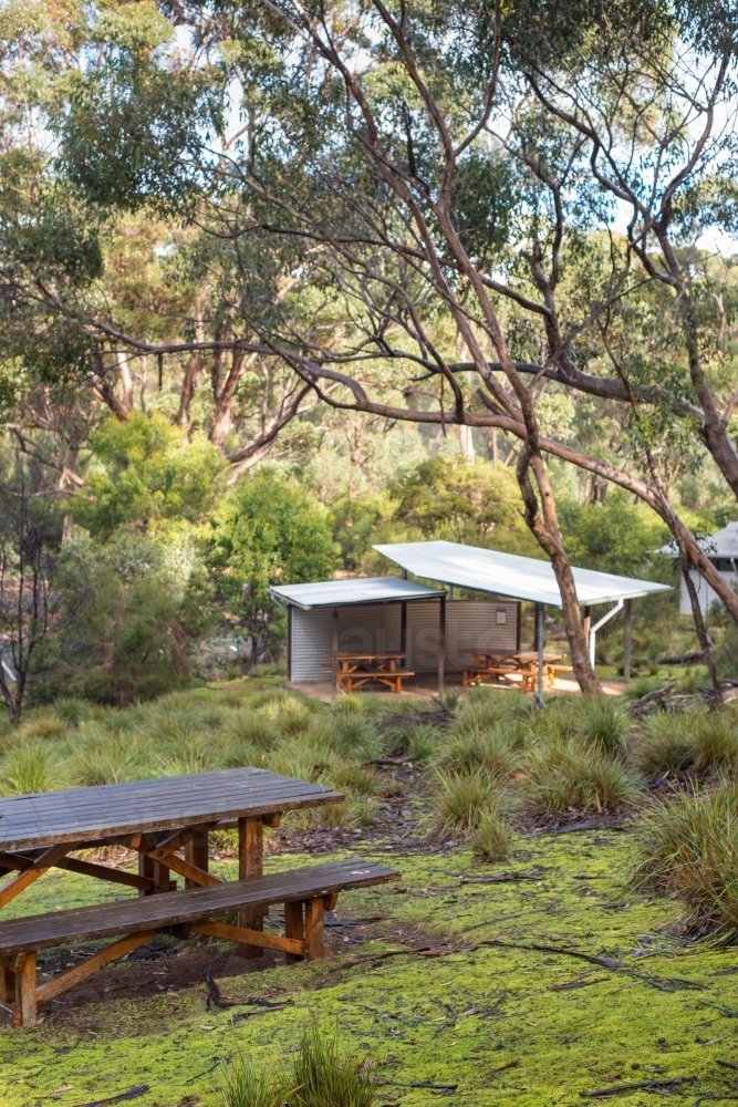 Shelters and picnic tables in bushland - Australian Stock Image