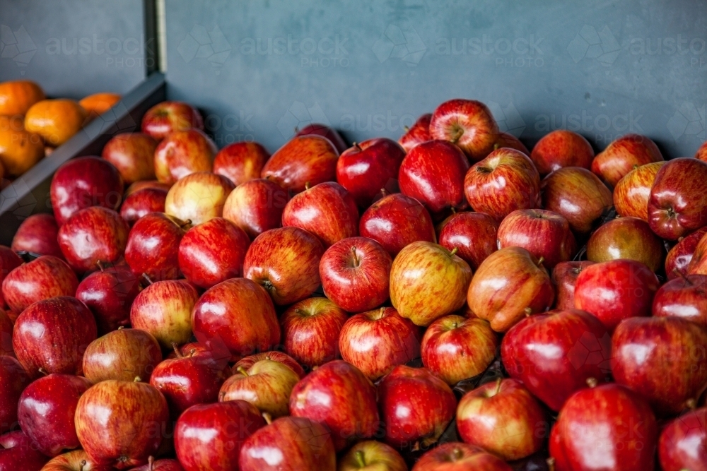 Shiny apples in box at fruit market shop - Australian Stock Image