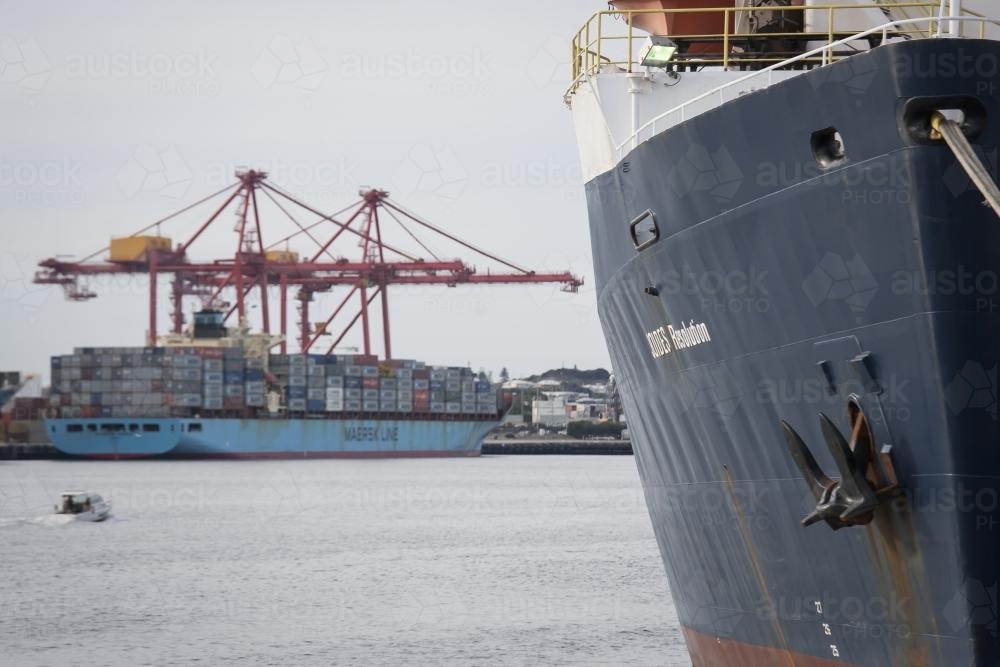 Ship, barge and cranes at Fremantle docks - Australian Stock Image