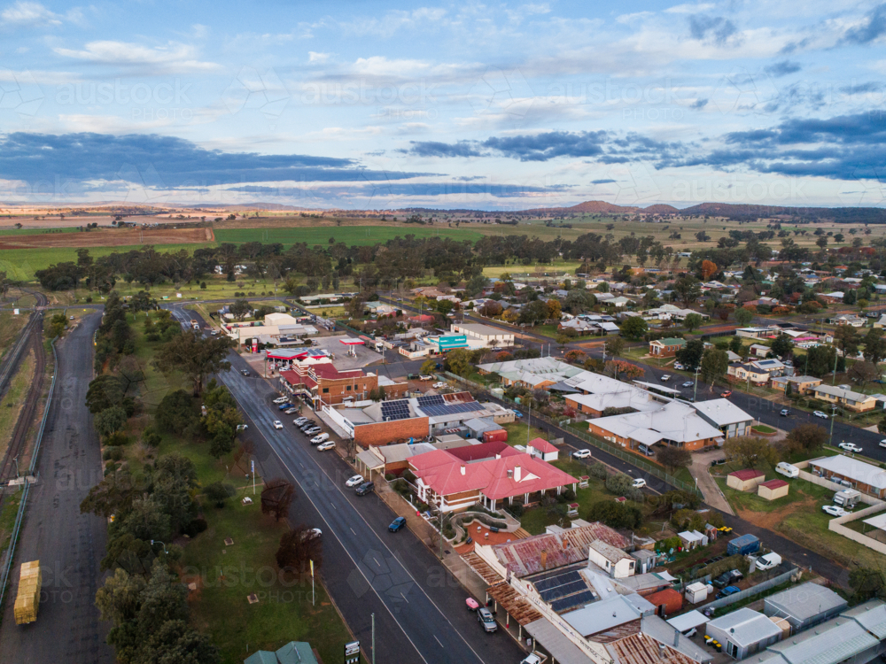 shopfronts in Dunedoo along street in main street shopping district of country town - Australian Stock Image
