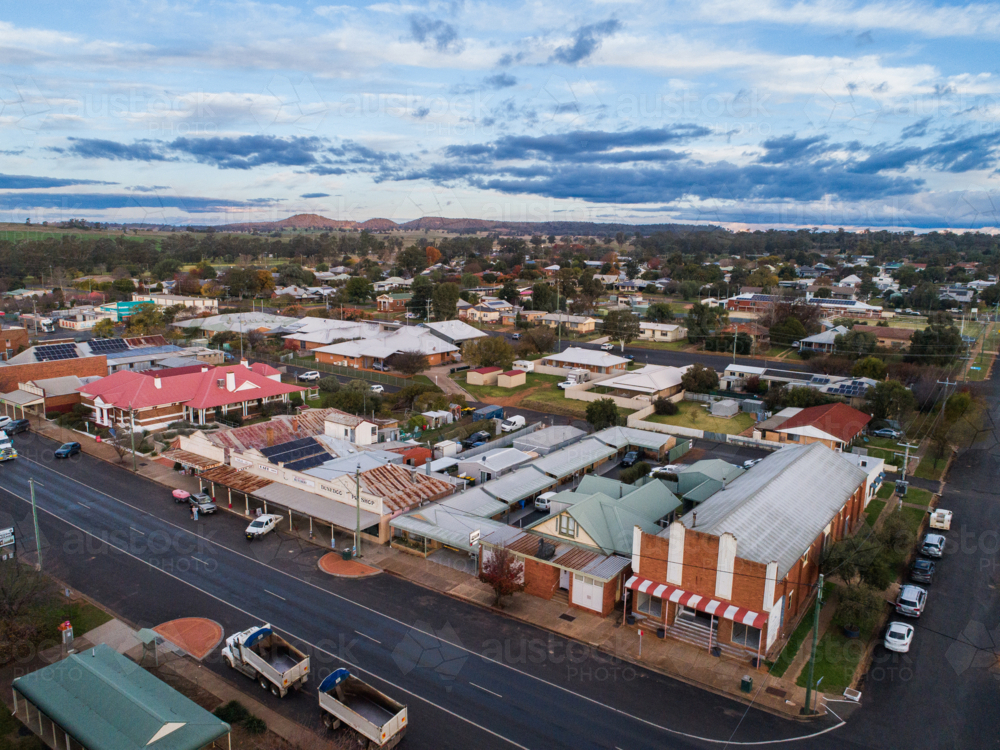 shopfronts in Dunedoo along street in main street shopping district of country town - Australian Stock Image