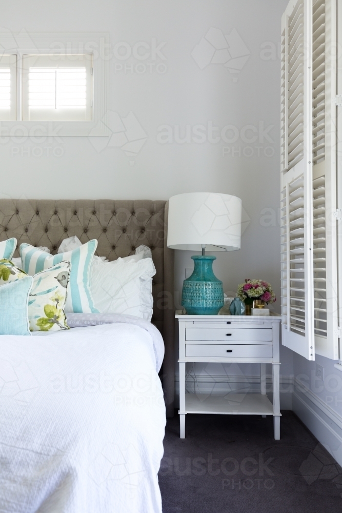 Side table details in a luxury country styled bedroom - Australian Stock Image