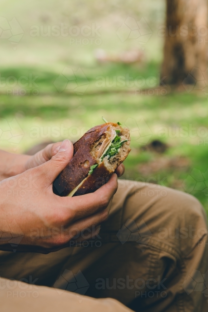 Side view of a man eating a bread roll sandwich, sitting in a green park - Australian Stock Image