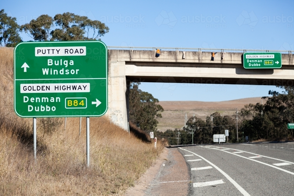 Sign for putty road Bulga, Windsor, and Golden Highway towards Denman and Dubbo - Australian Stock Image