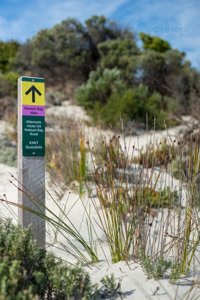 Sign on post directing the way to hiking trail - Australian Stock Image
