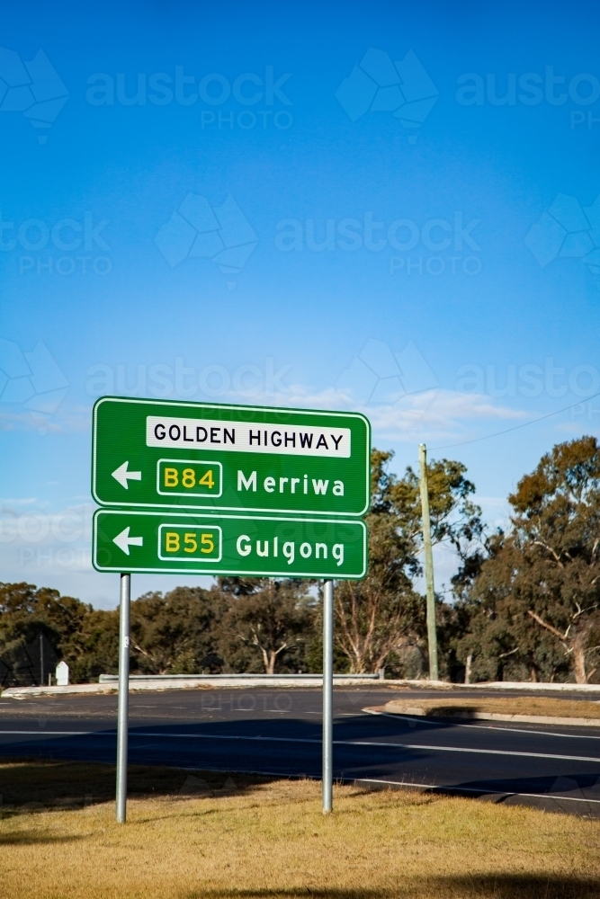Sign to Merriwa and Gulgong on the Golden Highway - Australian Stock Image