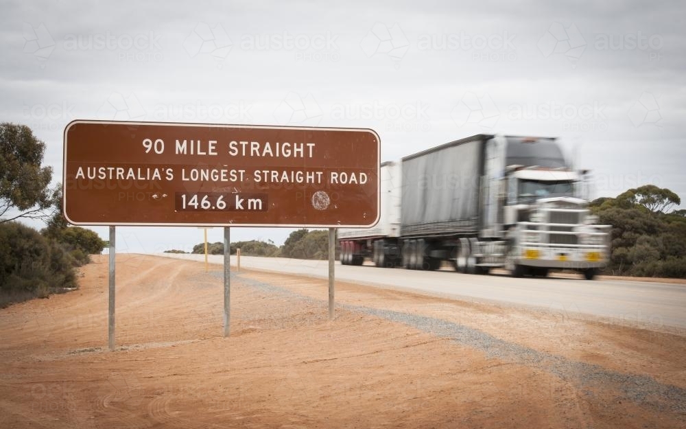 Signage of Australia's longest straight road and road train on the nullarbor - Australian Stock Image