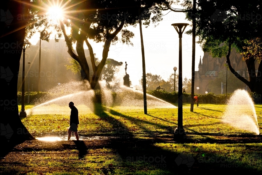 Silhouette of a man walking through hyde park in the early morning - Australian Stock Image