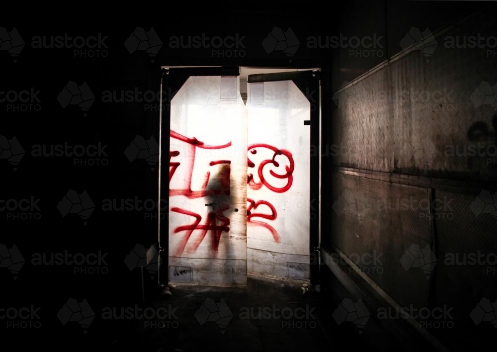 Silhouette of a teenager behind plastic doors of a disused meat works - Australian Stock Image