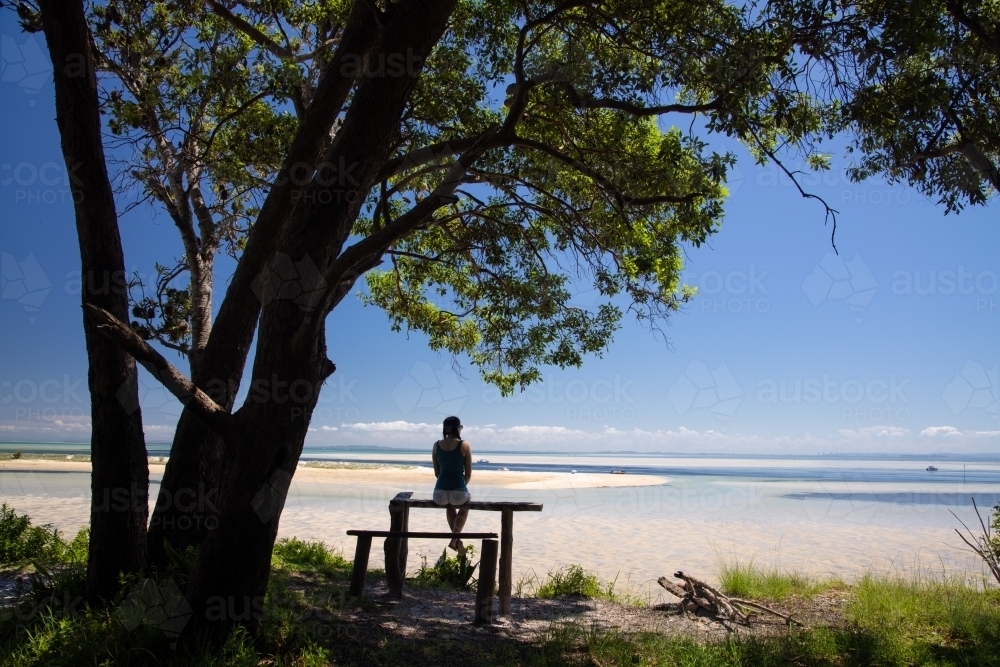 Silhouette of a woman sitting under a tree looking out towards Moreton Bay - Australian Stock Image